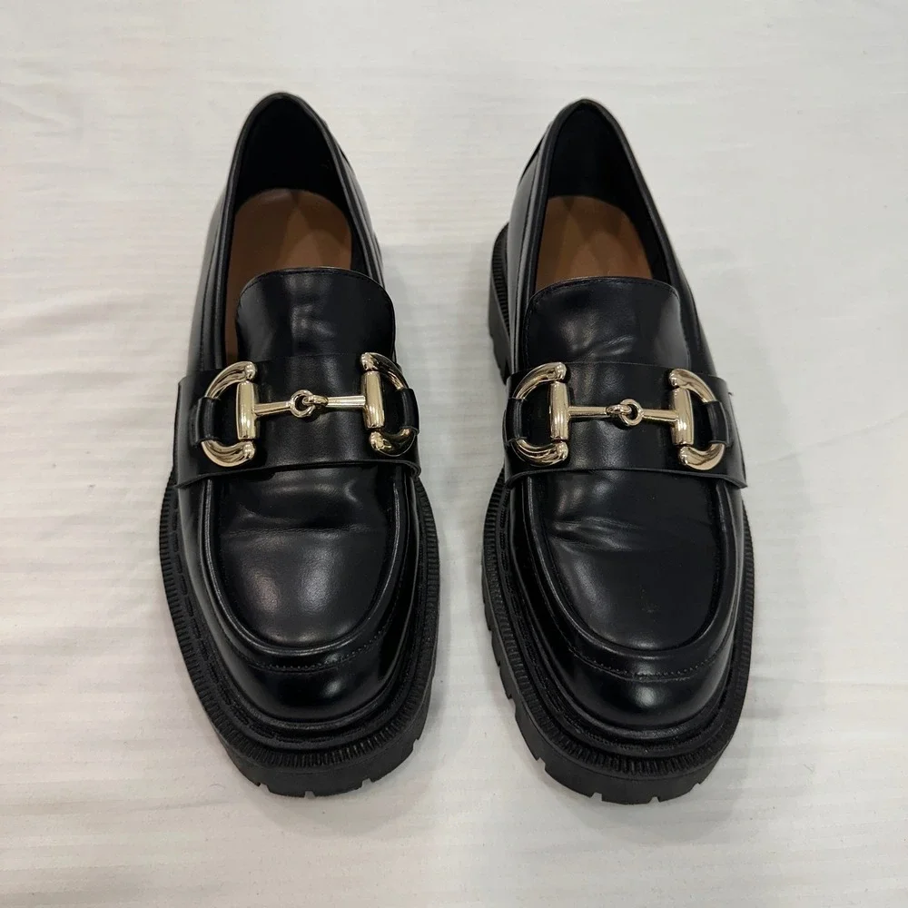 H&M Horsebit Chunky Lug Sole‎ Loafers Womens Size 38 Black Gold Y2K Academia